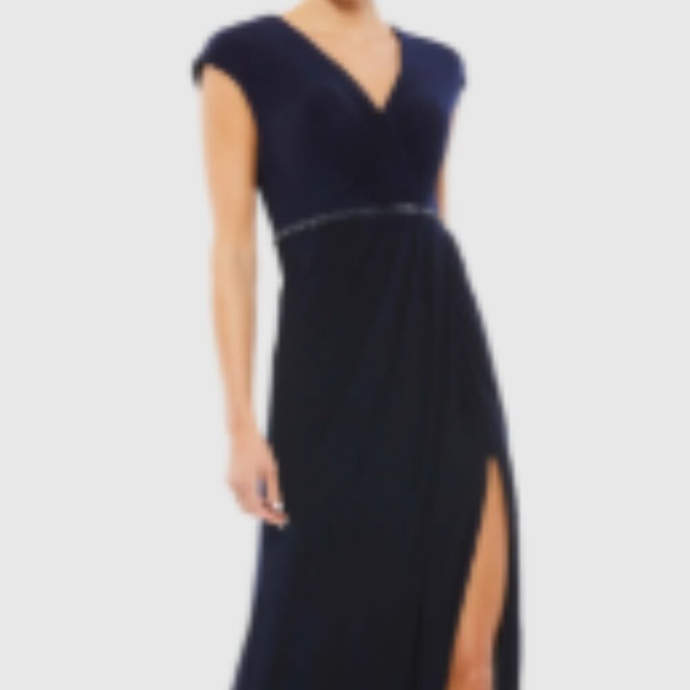 Mac Duggal faux wrap, cap-sleeve, v-neck, jersey knit gown